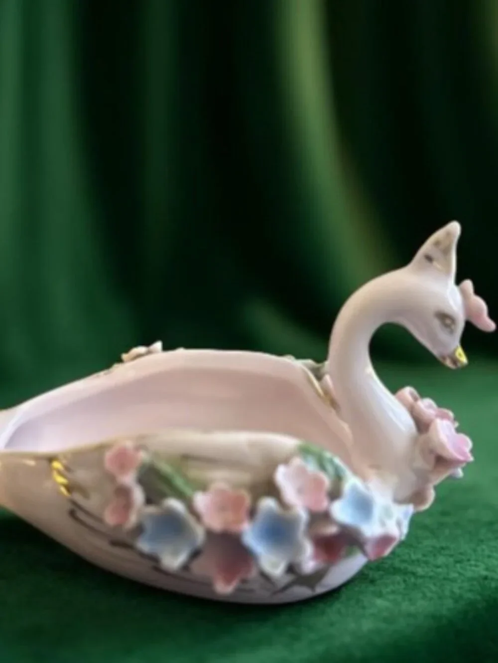 Japan Vintage Porcelain Swan Trinket Dish Planter Gold Trim 3D Pink Blue